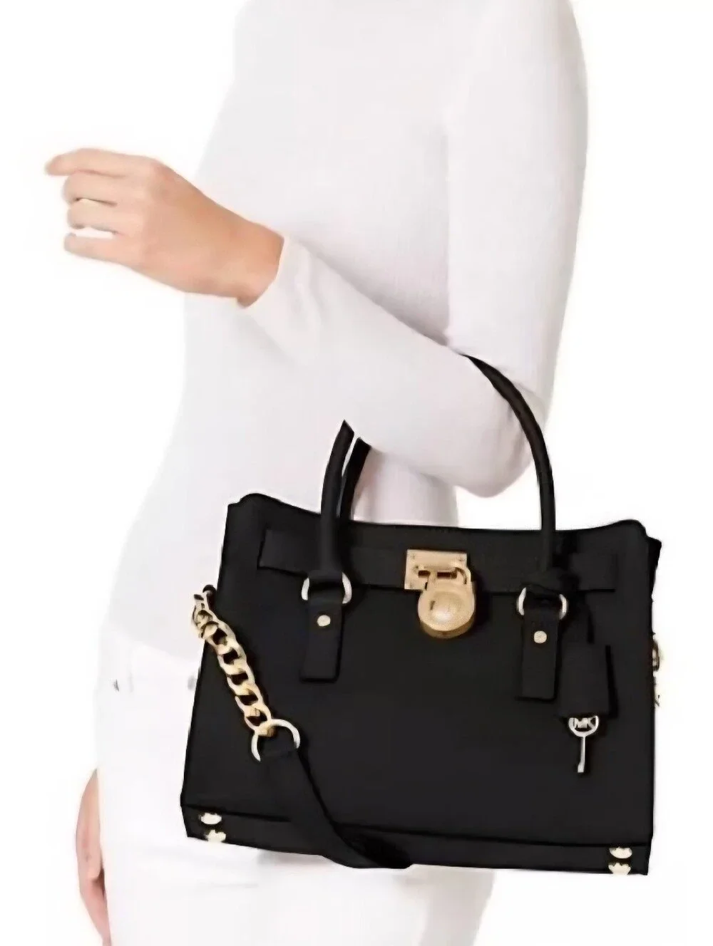 Michael Kors Hamilton Saffiano Leather Black Medium Satchel with Gold Lock